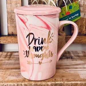 NWT Gorgeous “Drink Happy Thoughts” Pink White Swirl Glossy Ceramic Mug with Lid